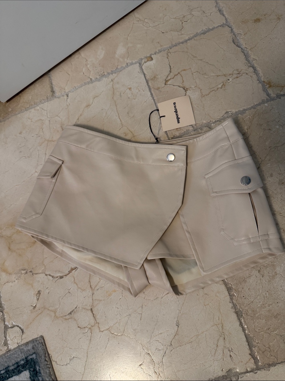 superdown Cream Faux-Leather Wrap Cargo Skort
